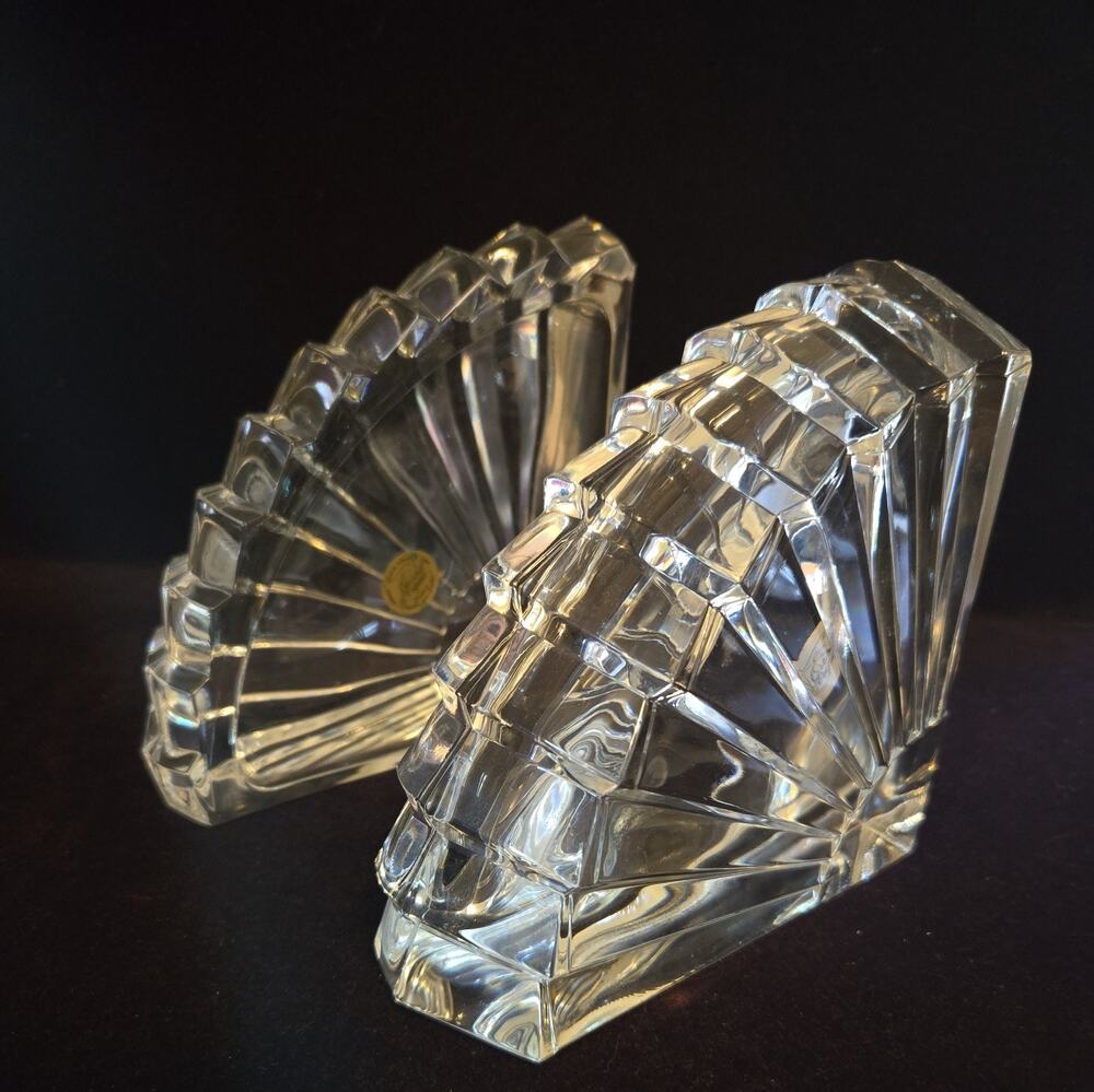 Cristal d'Arques France Lead Crystal Fan Bookends Art Deco Eventail Pair Vtg